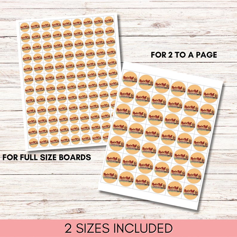 May include: Two sheets of round stickers with a vintage design. The stickers have a tan background with a brown and red logo. Text on the sheets reads "FOR FULL SIZE BOARDS" and "FOR 2 TO A PAGE". The bottom of the image reads "2 SIZES INCLUDED".