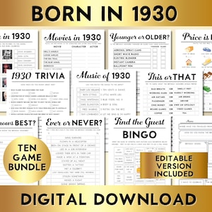 95th Birthday Party Games, Born in 1930, Printable 10 Game Bundle, Instant Download, Editable, Personalize, Music, Trivia, Guest Book BP001