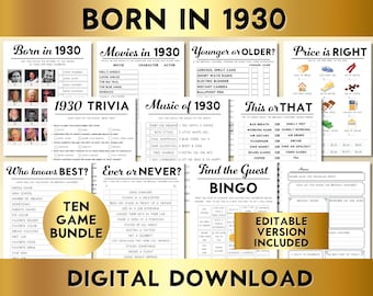 94th Birthday Party Games, Born in 1930, Editable Printable Game Bundle, Instant Download, Price Is Right, Music, Trivia, Guest Book BP001