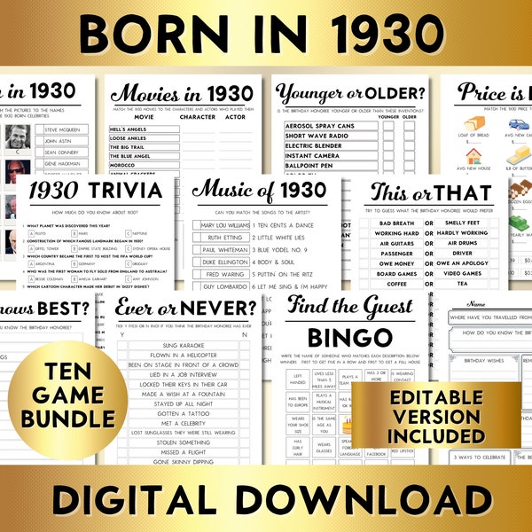 94th Birthday Party Games, Born in 1930, Editable Printable Game Bundle, Instant Download, Price Is Right, Music, Trivia, Guest Book BP001