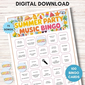 May include: A digital download of a Summer Party Music Bingo game. The bingo card features 75 songs and 100 bingo cards. The design includes summer-themed graphics and song titles in a grid format. Includes bingo chips.