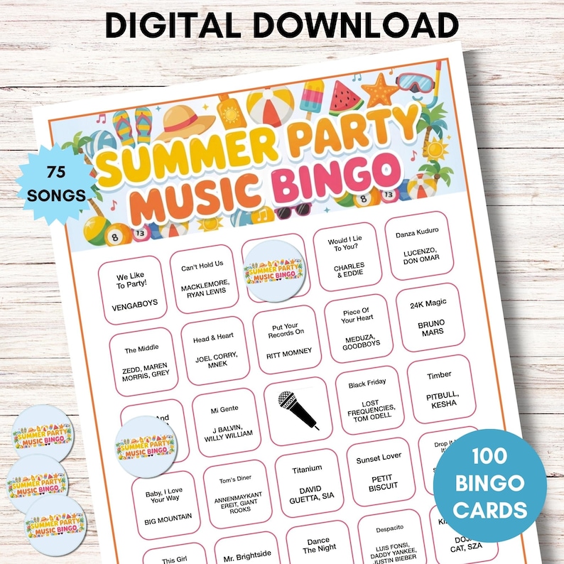 May include: A digital download of a Summer Party Music Bingo game. The bingo card features 75 songs and 100 bingo cards. The design includes summer-themed graphics and song titles in a grid format. Includes bingo chips.