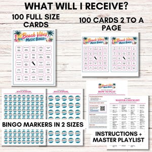 May include: A Beach Vibes Music Bingo game set including 100 full-size cards, 100 cards formatted two to a page, printable bingo markers in two sizes, a how-to-play instruction sheet, and a master checklist with a music playlist QR code.