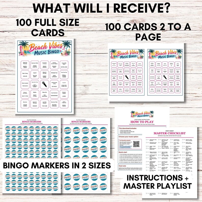 May include: A Beach Vibes Music Bingo game set including 100 full-size cards, 100 cards formatted two to a page, printable bingo markers in two sizes, a how-to-play instruction sheet, and a master checklist with a music playlist QR code.