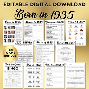 Feestspellen 90e verjaardag, geboren in 1935, afdrukbare 10 spellenbundel, direct downloaden, bewerkbaar, personaliseren, muziek, trivia, gastenboek BP001