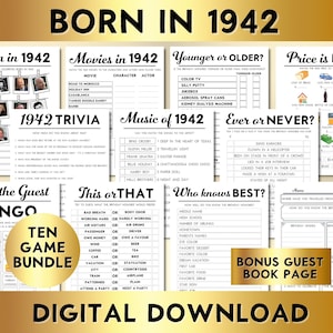 Jogos para festa de aniversário de 84 anos, perguntas e respostas sobre quem nasceu em 1942, quiz musical (download digital para impressão)