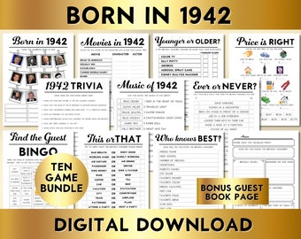 83rd Birthday Party Games, Born in 1942, Printable 10 Game Bundle, Instant Download, Music, Trivia, Guest Book BP001