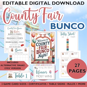 May include: Digital download of a County Fair Bunco game set. Includes rules, scorecards, tally sheets, table signs, and certificates. The design features carnival-themed graphics and the text "County Fair Bunco Night!" and "27 Pages".