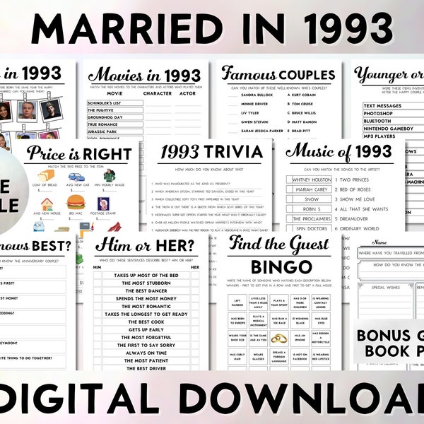 30th Wedding Anniversary Party Games, Pearl Wedding, Married in 1993, Printable 10 Game Bundle, Instant Download, Bingo, Guest Book