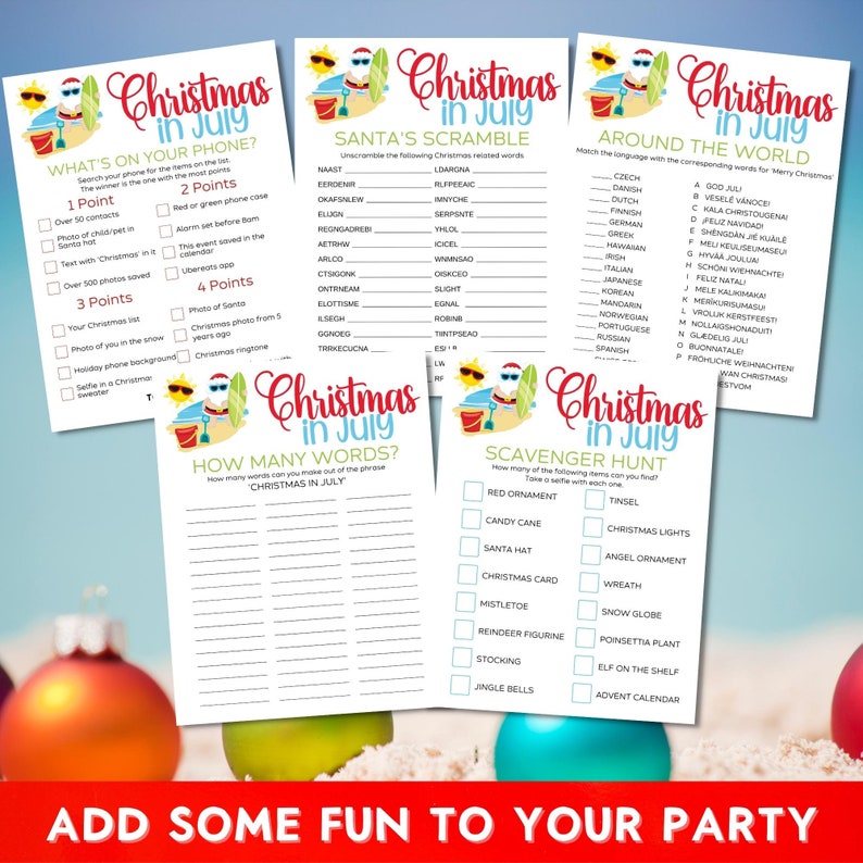 Christmas in July Printable Games Bundle - 20 Fun Party Games for Festive Summer Celebrations!