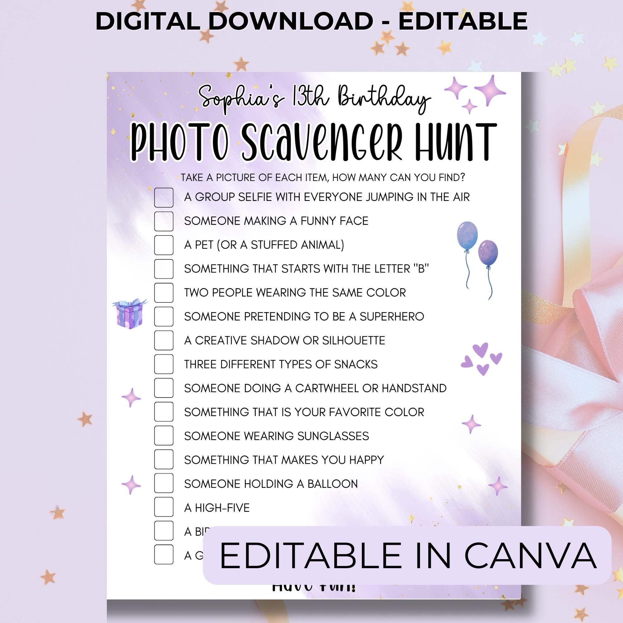 Photo Scavenger Hunt For Teens and Tweens, Printable Purple Birthday Girl Games, Editable, Instant Download