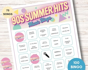 Bingo musical de los éxitos del verano de los 90: 100 tarjetas, juego imprimible con lista de reproducción de Spotify (descarga digital).