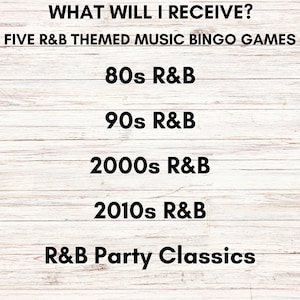 Pode incluir: Imagem com texto: "O QUE VOU RECEBER? CINCO JOGOS DE BINGO DE M&Uacute;SICA COM TEMA R&B." A imagem lista cinco jogos de bingo com tema R&B: R&B dos anos 80, R&B dos anos 90, R&B dos anos 2000, R&B dos anos 2010 e Cl&aacute;ssicos de festas R&B. O fundo &eacute; um gr&atilde;o de madeira clara.