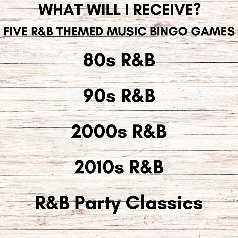 Pode incluir: Imagem com texto: "O QUE VOU RECEBER? CINCO JOGOS DE BINGO DE M&Uacute;SICA COM TEMA R&B." A imagem lista cinco jogos de bingo com tema R&B: R&B dos anos 80, R&B dos anos 90, R&B dos anos 2000, R&B dos anos 2010 e Cl&aacute;ssicos de festas R&B. O fundo &eacute; um gr&atilde;o de madeira clara.
