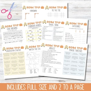 May include: A collection of printable road trip games, including Hangman, Tic Tac Toe, and trivia. The games feature a yellow car and suitcase graphic. The text "Road Trip" is displayed at the top of each game sheet. Includes full size and 2 to a page.