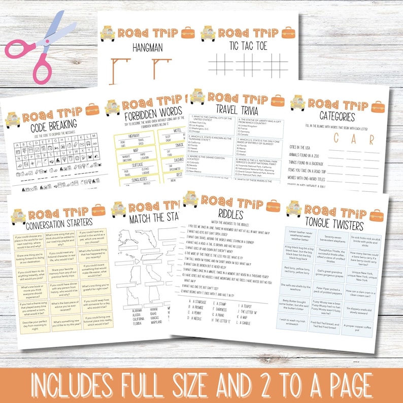 May include: A collection of printable road trip games, including Hangman, Tic Tac Toe, and trivia. The games feature a yellow car and suitcase graphic. The text "Road Trip" is displayed at the top of each game sheet. Includes full size and 2 to a page.