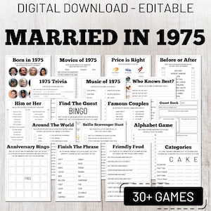 Jogos de festa de 50º aniversário de casamento, Casados em 1975, Atividades divertidas para imprimir, Ideias para bodas de ouro, Download instantâneo