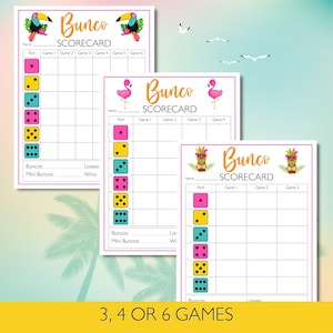 Bunco Tropical Printable Score Sheets, Fun Game Night Cards, Flamingo Theme, Summer Party Essentials, Aloha Fun