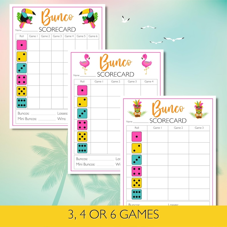 Bunco Tropical Printable Score Sheets, Fun Game Night Cards, Flamingo Theme, Summer Party Essentials, Aloha Fun