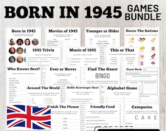 May include: A digital download game bundle titled "Born in 1945" with various printable games. Includes trivia, bingo, and other themed activities. Features a UK edition with the Union Jack flag and the text "30+ GAMES".