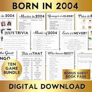 21st Birthday Party Games, Born in 2004, Printable 10 Game Bundle, Instant Download, Music, Trivia, Guest Book BP001