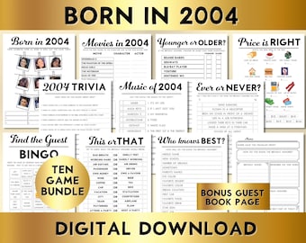 20th Birthday Party Games, Born in 2004, Printable 10 Game Bundle, Instant Download, Bingo, Price Is Right, Music, Trivia, Guest Book