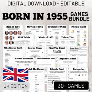 70. Geburtstag Party Spiele Bundle, geboren 1955 Trivia, UK Edition, lustige druckbare Spiele für Erwachsene, sofort Download