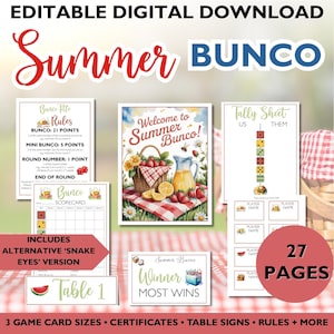 May include: An editable digital download featuring Summer Bunco game materials. Includes rules, scorecards, tally sheets, table signs, and certificates. The design incorporates a picnic theme with strawberries, lemons, and a pitcher of lemonade. The download includes 27 pages.