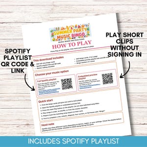 Puede incluir: Una hoja de papel blanca con instrucciones para un juego de Bingo musical de fiesta de verano. La hoja incluye un c&oacute;digo QR y un enlace de lista de reproducci&oacute;n de Spotify, junto con instrucciones sobre c&oacute;mo jugar. El texto incluye "How to Play" y "Includes Spotify Playlist."