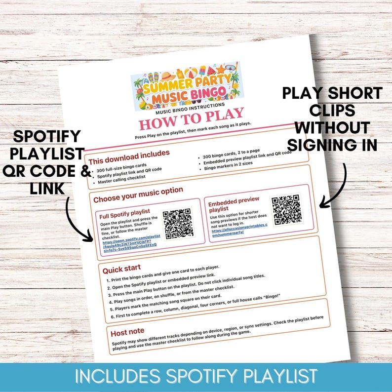 Puede incluir: Una hoja de papel blanca con instrucciones para un juego de Bingo musical de fiesta de verano. La hoja incluye un c&oacute;digo QR y un enlace de lista de reproducci&oacute;n de Spotify, junto con instrucciones sobre c&oacute;mo jugar. El texto incluye "How to Play" y "Includes Spotify Playlist."