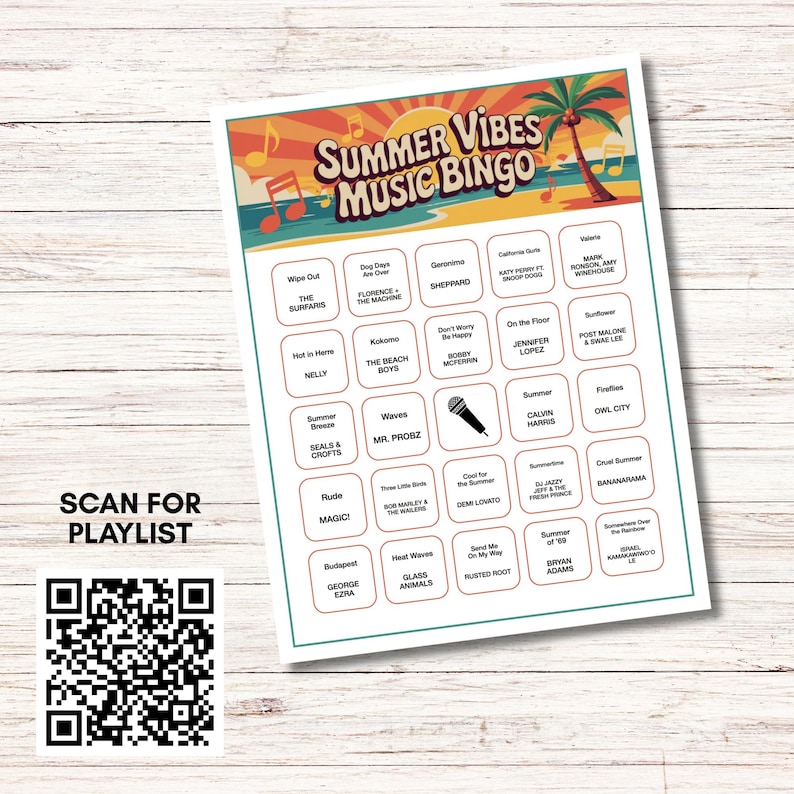 Puede incluir: Una tarjeta de juego de bingo musical &laquo; Summer Vibes &raquo; con un tema tropical. La tarjeta presenta t&iacute;tulos de canciones y nombres de artistas, con un c&oacute;digo QR para una lista de reproducci&oacute;n. El dise&ntilde;o incluye notas musicales, una palmera y colores vibrantes.