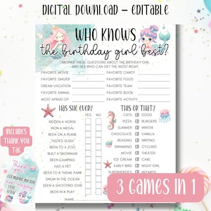Quién conoce mejor a la cumpleañera, juego de cumpleaños de sirena imprimible editable, juegos de fiesta de cumpleaños para adolescentes preadolescentes, ¿preferiría ella, cuestionario, WKB