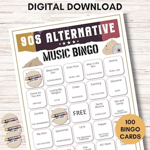 May include: A printable 90s alternative music bingo card with a free space in the center. The card features a variety of popular 90s alternative bands and songs, including Nirvana, Pearl Jam, Soundgarden, Foo Fighters, and The Smashing Pumpkins. 100 bingo cards are included.