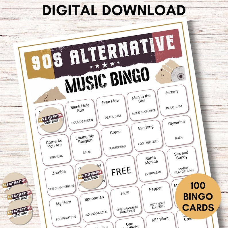 90s Alternative Music Bingo – The Ultimate Grunge & Alt-Rock Throwback Game, Printable Music Game, Party Game, Instant Download