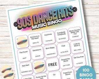 Dance Hits Bingo - Gioco per feste anni '90, 100 carte stampabili, download digitale con playlist Spotify per il divertimento della serata di gioco