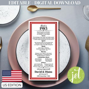 40th Wedding Anniversary Trivia, Married in 1985, Editable Ruby Wedding Printable Place Card, Dinner Party, Instant Download