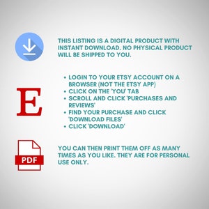 May include: A digital download instruction guide with a red "E" and a PDF icon. The text says "This listing is a digital product with instant download. No physical product will be shipped to you." and includes instructions on how to download the digital product from Etsy.
