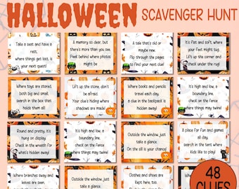 Halloweenskattjakt för barn, roligt utskrivbart spel, inomhus- och utomhusaktiviteter, Halloweenfestspel