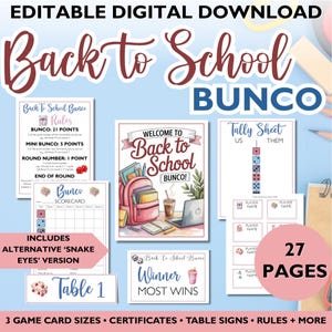 Back to School Bunco Cards, Editable Printable Game Bundle, School Theme Dice Game, Bunco Score Sheets & Party Kit