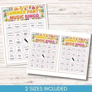 Puede incluir: Dos hojas de juego "Summer Party Music Bingo". Las tarjetas presentan un dise&ntilde;o colorido con ilustraciones de verano y t&iacute;tulos de canciones. El texto "2 SIZES INCLUDED" est&aacute; en la parte inferior. Ideal para fiestas de verano.