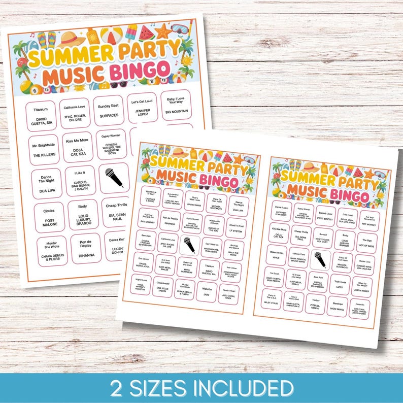 Puede incluir: Dos hojas de juego "Summer Party Music Bingo". Las tarjetas presentan un dise&ntilde;o colorido con ilustraciones de verano y t&iacute;tulos de canciones. El texto "2 SIZES INCLUDED" est&aacute; en la parte inferior. Ideal para fiestas de verano.