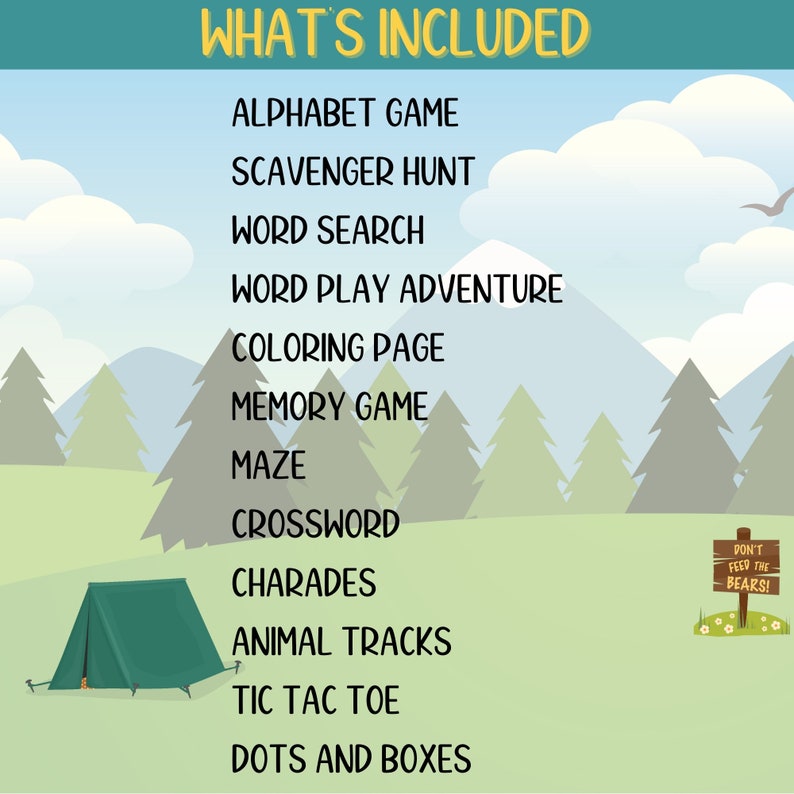Camping Activities, Camping Games Kids Families Adults, Printable, Family Fun, Camping Trip, Summer Camp, End Of School Activities