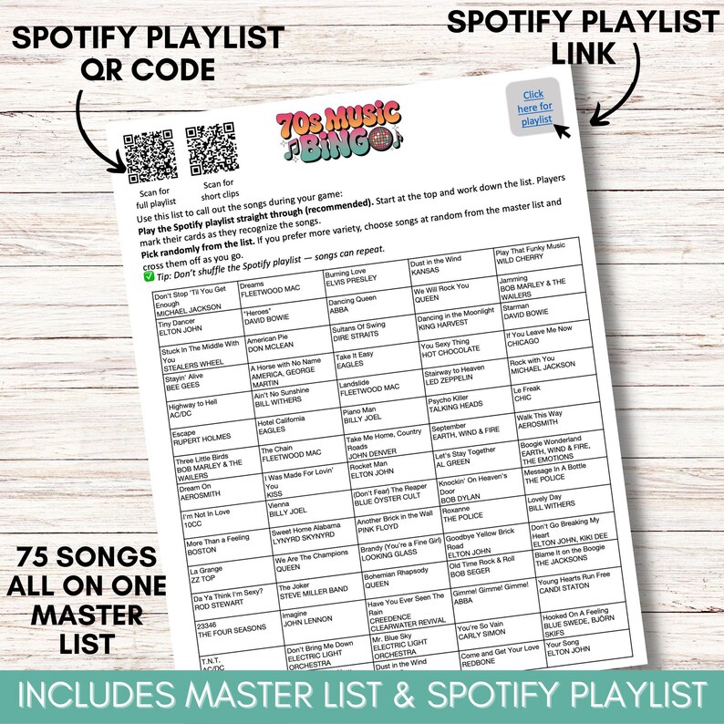70s Music Bingo Game – 200 Printable Cards – Fun Party Activity with Spotify Playlist – Instant Download for Retro Themed Events