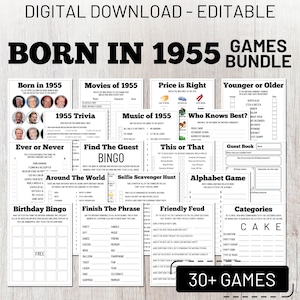 70er Jahre Party Spiele Bundle, geboren 1955 Trivia, lustige druckbare Spiele für Erwachsene, sofort Download