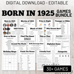 100th Birthday Party Games Bundle, Born in 1925 Trivia, Fun Printable Games for Adults, Instant Download