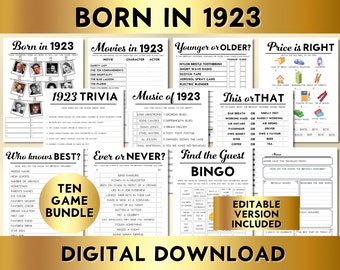 101st Birthday Party Games, Printable Born in 1923, 10 Game Bundle, Instant Download, Bingo, Price Is Right, Music, Trivia, Guest Book BP001