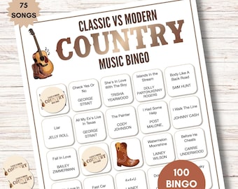 Puede incluir: Descarga digital de un juego de "Bingo de música country clásica contra moderna". El juego presenta 75 canciones y 100 cartones de bingo. El diseño incluye una guitarra, una bota de vaquero y títulos de canciones como "Check Yes Or No" y "Body Like A Back Road".