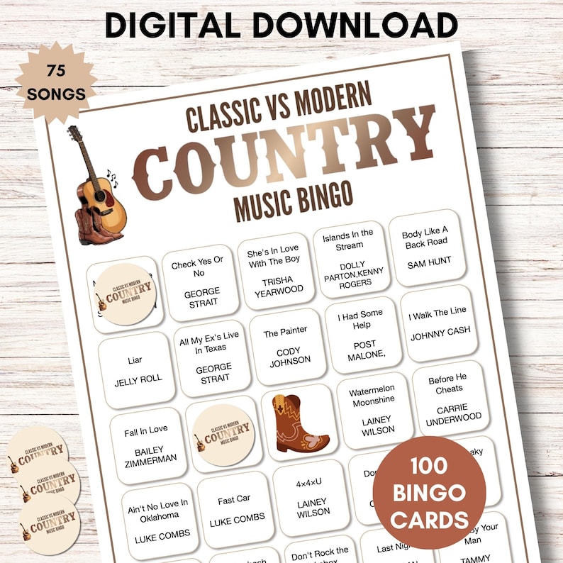 Modern vs Classic Country Music Bingo – 100 Cards Printable Party Game