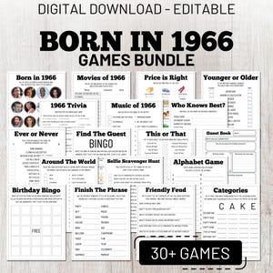 May include: A digital download of a 'Born in 1966' games bundle. The bundle includes various party games such as trivia, bingo, and 'finish the phrase'. The design features a black background with white text and colourful game cards. The bundle includes over 30 games.