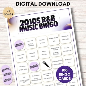 2010s R&B Music Bingo Game – Printable Party Game, 75 Songs 100 Cards